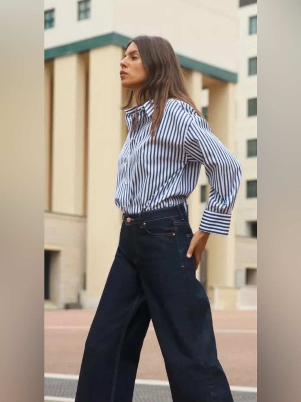 Zara Womens Blue White Vertical Stripe Shirt Gold Button S